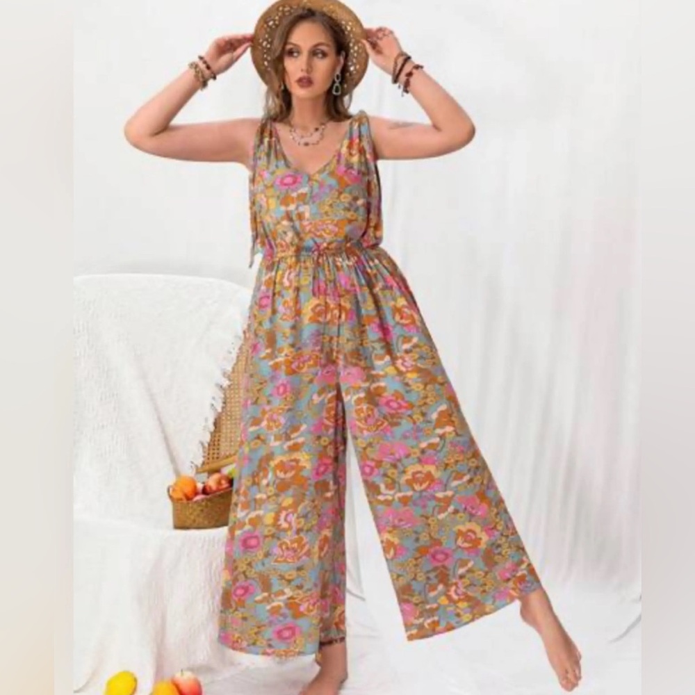 Rusttydustty Multicolor Tropical Plant Printed V-Neck wide leg Jumpsuit size 0XL